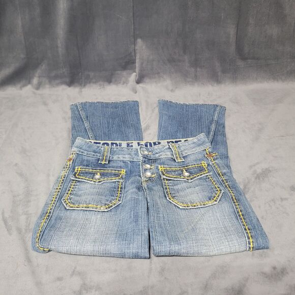 People For Peace Jeans Womens Size 26 Yellow Stitch Flared Bottom Jeans - Picture 2 of 5